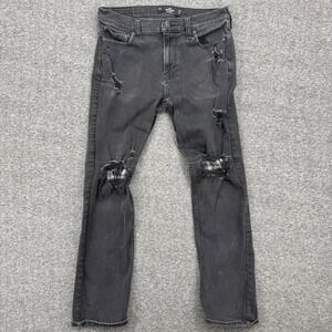 Hollister Slim Straight Advanced Stretch Ripped Plaid Patch Jeans Black 33